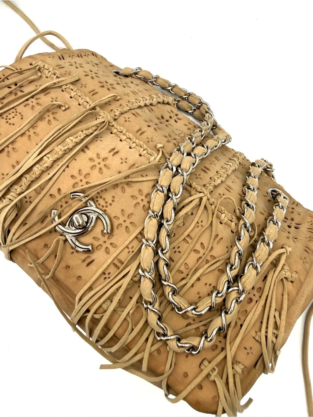 Chanel Tan Brown Suede Fringe Floral CC Flap Bag